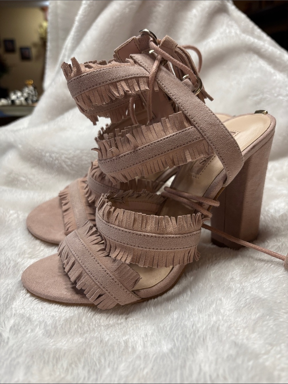 Guess Fringe Suede Lace-Up Heels